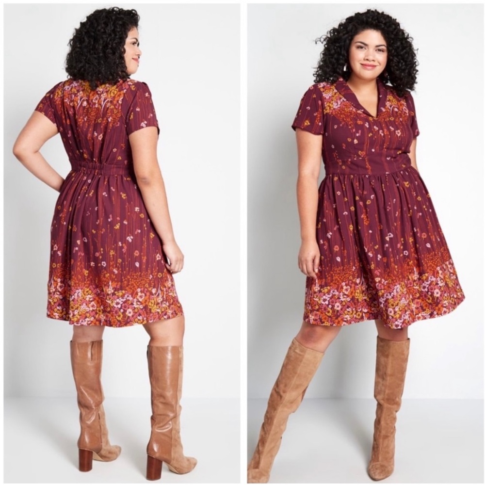 Modcloth Orange Lively Identity Floral Collared Gathered A-line Mini Dress Large